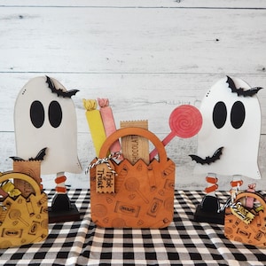 Juego de madera para truco o trato de Halloween, decoración de madera de Halloween, decoración de bandeja escalonada de Halloween, fantasma de Halloween