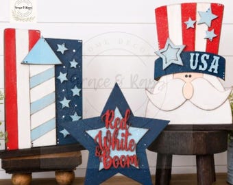 Patriotic Shelf Sitter Set – Red White & Boom Décor – Uncle Sam Sign – Firework – Americana Wood Decor – 4th of July Tiered Tray Decorations