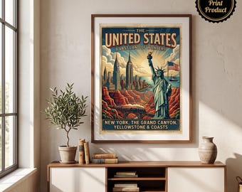 Vintage reisposter van de Verenigde Staten (opgerold) | Vrijheidsbeeld, New York, Grand Canyon