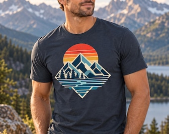 Geometric Mountain Lake Shirt | Retro Sunset Camping Tee, Camper Gift