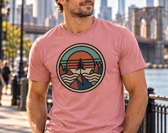 Retro Mountain Badge Shirt | Sunset Pine Tree Hiking Tee, Gift for Hiker