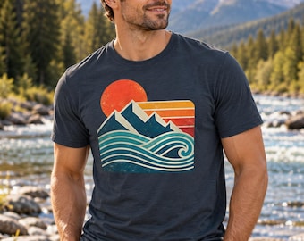 Mountain and Ocean Wave Shirt | Retro Sunset Outdoor Tee, Sea to Summit