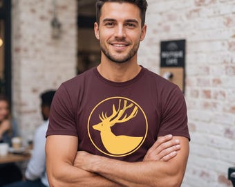 T-shirt met silhouet van een gouden hert | Hert in cirkellogo, shirt met bos- en natuurthema