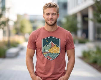 Sunrise Mountain Lake Shirt | Retro Badge Hiking Tee, Lake Life Gift