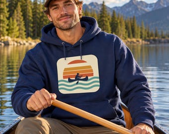Canoe Hoodie, Lake Paddling Sweatshirt, Retro Sunset Canoe Hoodie, Gift for Paddler, Lake Life Gift, Unisex Hooded Sweatshirt