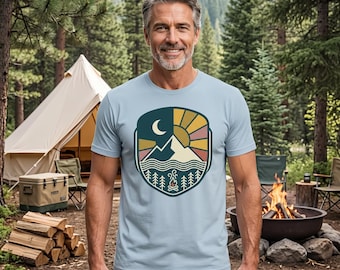 Retro Camping Badge Shirt | Moon & Sunburst Mountain Tee, Camper Gift