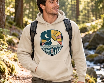 Mountain Sunset Hoodie, Hiking Sweatshirt, Retro Outdoor Badge Hoodie, Camping Gift for Hikers, Nature Lover Pullover, Unisex Hoodie