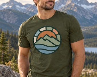 Retro T-shirt met berglandschap en zonsondergang | Minimalistisch T-shirt voor wandelen en natuur