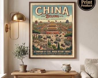 Vintage reisposter van Peking, China | Opgerolde poster met retro stadsgezicht | Muurdecoratie