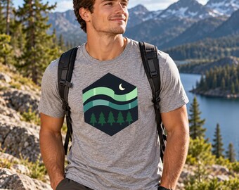 Northern Lights Shirt, Aurora Borealis T-Shirt, Retro Camping Night Sky Tee, Stargazing Gift, Camper Gift, Unisex Cotton Graphic Tee
