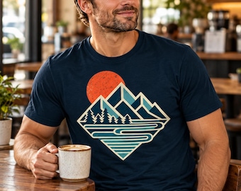 Retro bergzonsondergang T-shirt | Geometrisch bos- en rivieravontuur