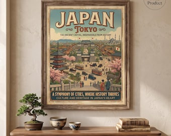 Vintage reisposter van Tokio, Japan | Opgerolde poster | Retro kersenbloesems in Kyoto