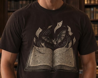 T-shirt met spreukenboek en vleermuis voor Halloween | Grafisch T-shirt met duistere hekserij-opdruk