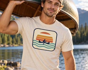 Canoe Shirt, Lake Paddling T-Shirt, Retro Sunset Canoe Tee, Gift for Paddler, Lake Life Gift, Unisex Cotton Graphic Tee