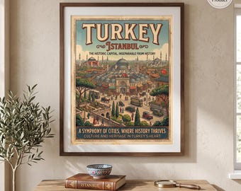 Vintage reisposter van Istanbul in Turkije (opgerolde poster) | retro stadsgezicht muurdecoratie