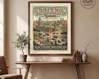 Londen, Verenigd Koninkrijk Vintage reisposter opgerold | Retro stadsgezicht muurdecoratie