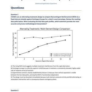 May include: A document titled Experimental Design & Concept Analysis featuring a line graph titled Alternating Treatments / Multi-Element Design Comparison. The graph shows two data paths, one solid and one dashed, tracking vocal stereotypy rates.