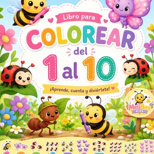 May include: A colorful children's coloring book cover titled Libro para COLOREAR del 1 al 10. The cover features cartoon insects including bees, a butterfly, and a ladybug, surrounded by flowers, with numbers 1 through 10 displayed at the bottom.