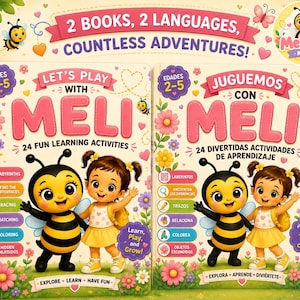 Könnte beinhalten: Zwei Aktivitätsbücher mit den Titeln Let's Play With Meli und Juguemos Con Meli, die eine Zeichentrickbiene und ein Kind zeigen. Die Bücher enthalten 24 Lernaktivitäten wie Labyrinthe, Nachspuren und Ausmalen für Kinder von 2-5 Jahren.
