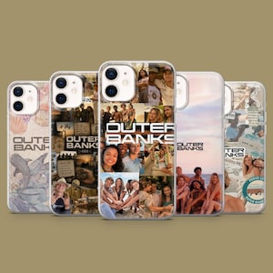 May include: Five clear phone cases featuring collage designs related to the show Outer Banks. The designs include various photographic scenes of people, beach settings, and the text Outer Banks printed in black or white across the surfaces.
