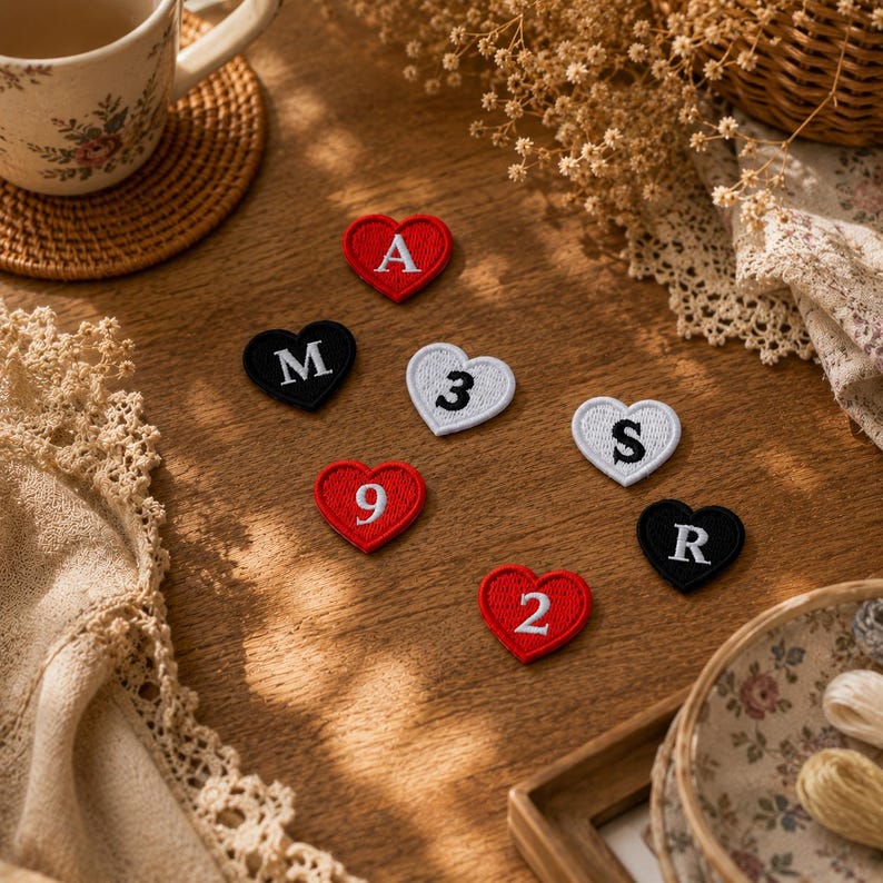 May include: A collection of seven heart-shaped embroidered patches in red, white, and black. Each patch features a single white or black character, including the letters A, M, S, R and the numbers 3, 9, 2, stitched in a clean, centred font.
