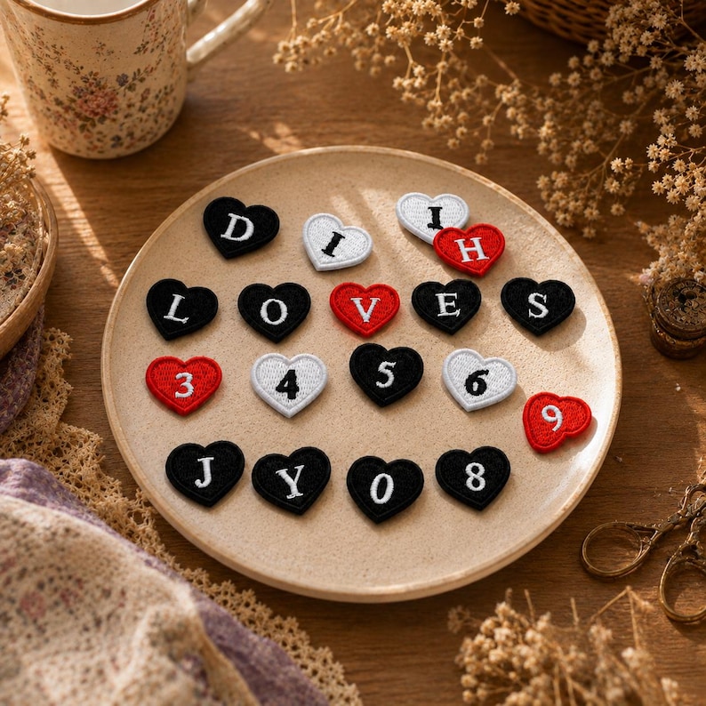 May include: A collection of heart-shaped embroidered patches arranged on a round plate. The patches feature black, white, and red backgrounds with white or black letters and numbers including D, I, H, L, O, V, E, S, 3, 4, 5, 6, J, Y, 0, 8, and 9.