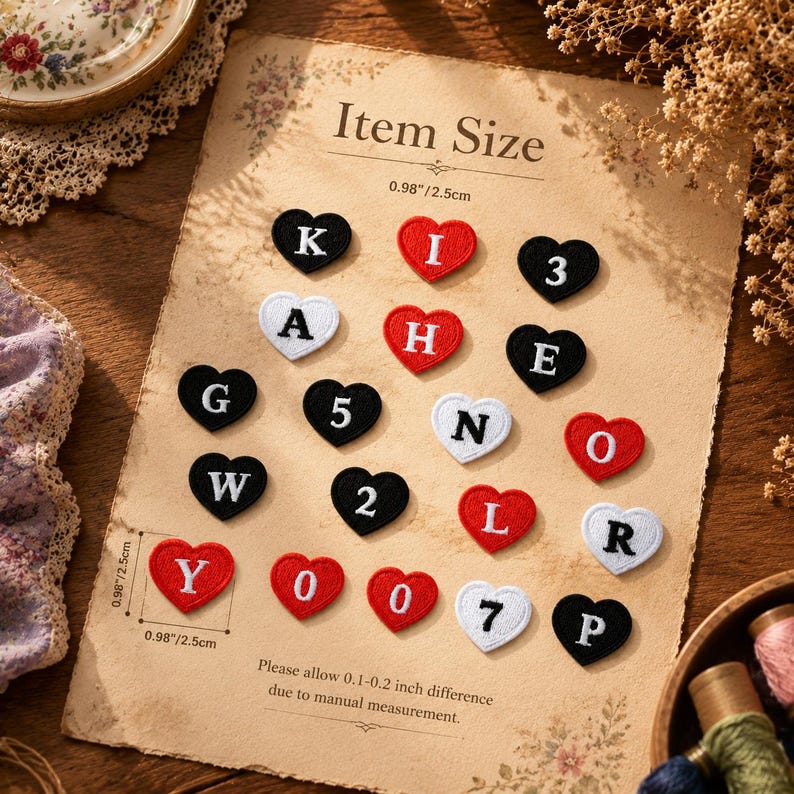 May include: A collection of heart-shaped embroidered patches in red, white, and black, each featuring a single letter or number. The patches measure 2.5 cm by 2.5 cm. The text Item Size and Please allow 0.1-0.2 cm difference is visible.