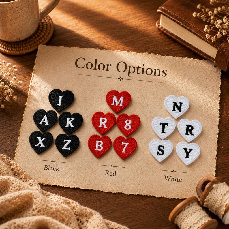 May include: A collection of heart-shaped embroidered patches arranged on a textured paper sheet labelled Color Options. The patches are grouped by colour: black with white letters I, A, K, X, Z; red with white letters M, R, B, 8, 7; and white with black letters N, T, R, S, Y.