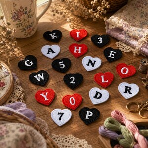 May include: A collection of heart-shaped embroidered patches in black, white, and red, each featuring a single white or black letter or number. The patches are arranged on a wooden surface, displaying characters including K, I, 3, A, H, E, G, 5, N, W, 2, L, O, Y, 0, D, R, 7, and P.