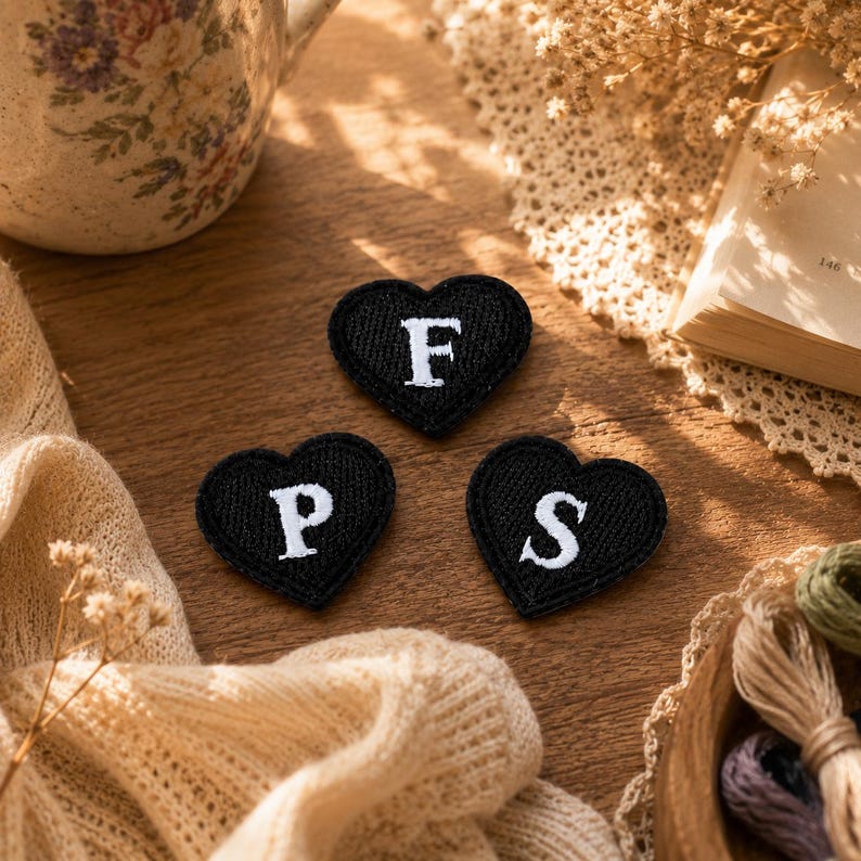 May include: Three black heart-shaped patches featuring embroidered white letters. One patch displays the letter F, another displays the letter P, and the third displays the letter S. Each patch has a textured fabric surface with a stitched border.