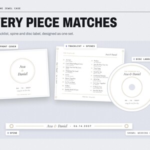 May include: A CD jewel case design set featuring a front cover, tracklist, disc label, and spine. The white stationery displays the text Ava & Daniel, the date 06.14.2027, and a list of songs. The design uses black text and thin circular borders.