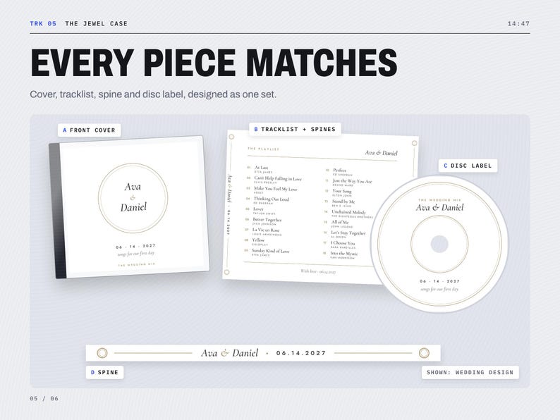 May include: A CD jewel case design set featuring a front cover, tracklist, disc label, and spine. The white stationery displays the text Ava & Daniel, the date 06.14.2027, and a list of songs. The design uses black text and thin circular borders.