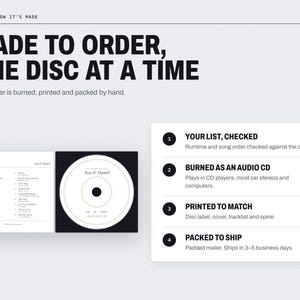 May include: A custom audio CD with a white disc label featuring the text 'Ana & Daniel' and a date. The set includes a tracklist insert and a four-step process guide titled 'Made to order, one disc at a time' detailing the production steps.
