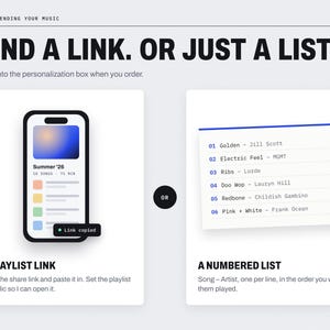 May include: An instructional graphic titled SEND A LINK. OR JUST A LIST. It shows a smartphone displaying a playlist labeled Summer '26 and a numbered list of songs including Golden by Jill Scott and Electric Feel by MGMT.