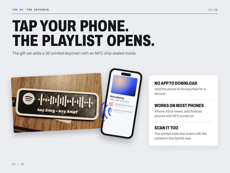 May include: A rectangular 3D printed keychain featuring a white Spotify logo and sound wave pattern on a black background with the text Any Song - Any Artist. The keychain contains an NFC chip and is shown next to a smartphone displaying a music interface.