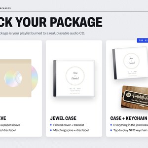 May include: A product display showing three audio CD packaging options: a paper sleeve with a disc, a jewel case with a printed cover, and a gift set including a jewel case and a rectangular NFC keychain featuring a Spotify-style sound wave.
