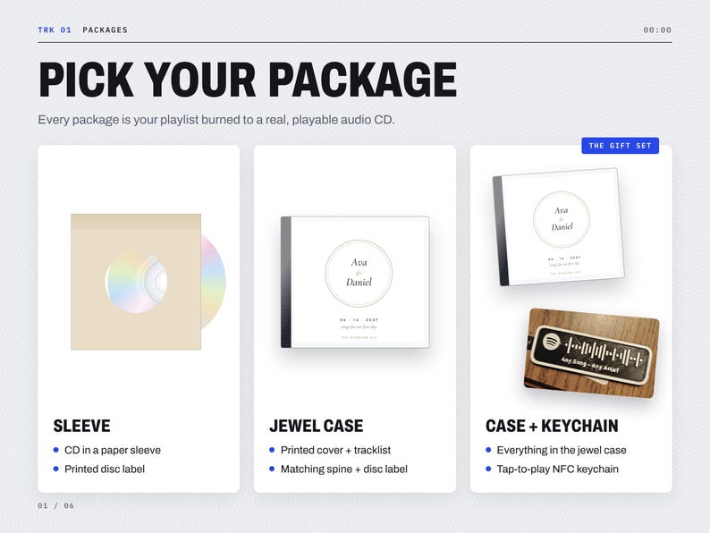 May include: A product display showing three audio CD packaging options: a paper sleeve with a disc, a jewel case with a printed cover, and a gift set including a jewel case and a rectangular NFC keychain featuring a Spotify-style sound wave.