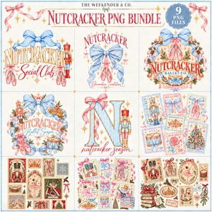 Puede incluir: Una colección digital de nueve diseños gráficos con temática de Cascanueces que incluye zapatillas de ballet, figuras de cascanueces, tambores, coronas y árboles de Navidad. El texto incluye Nutcracker PNG Bundle, Nutcracker Social Club, December Tradition, Nutcracker Ballet Co., Nutcracker Ballet Season y Nutcracker Season.