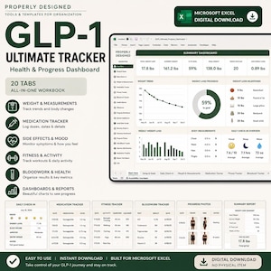 May include: A digital Microsoft Excel workbook titled GLP-1 Ultimate Tracker, featuring a summary dashboard with weight loss metrics, a weight trend line graph, a progress donut chart, and various tracking tabs for medication, fitness, and bloodwork.