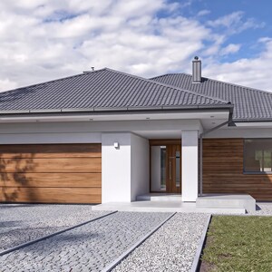 May include: A single-storey house with a dark grey hip roof, white exterior walls, and horizontal wood panelling on the garage door and side wall. The front entrance features a glass door, and a gravel driveway leads to the garage.