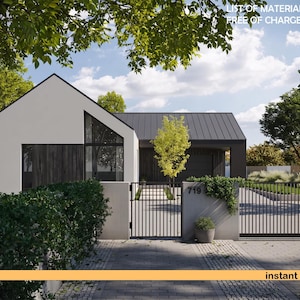 Puede incluir: Un diseño de casa moderna de una planta con fachada blanca, revestimiento de madera vertical oscuro y techo de metal oscuro. La propiedad cuenta con una puerta de metal negro, un pilar de hormigón con el número 719 y un camino pavimentado. Texto: LIST OF MATERIALS FREE OF CHARGE.