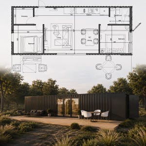 Op de afbeelding: Een zwart containerhuis met een houten terras, buitenmeubilair en een plattegrond met een keuken, woonkamer, eetruimte, twee slaapkamers, een kleedkamer en een badkamer met afmetingen in centimeters weergegeven.