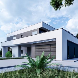 May include: A two-story house with a flat roof, featuring a white exterior frame, dark gray accents, and a large garage door. The structure has clean lines, rectangular windows, and a covered entryway, set against a clear sky with scattered clouds.