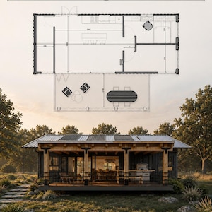 May include: An architectural floor plan diagram showing a rectangular layout with interior rooms and an outdoor deck, positioned above a rendering of a single-storey cabin with a wooden porch, metal roof, and dark siding set in a grassy landscape.
