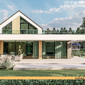 Puede incluir: Una casa de dos plantas con exterior blanco, tejado a dos aguas y grandes puertas correderas de cristal en la planta baja. Un balcón con barandilla de cristal se sitúa sobre la terraza. Aparece el texto "LIST OF MATERIALS FREE OF CHARGE" e "instant download".