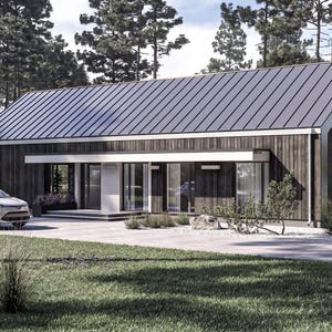 Op de afbeelding: Een eenlaagse woning met donkere verticale houten gevelbekleding en een donker metalen zadeldak. De buitenkant is voorzien van grote glazen ramen en deuren, een witte horizontale accentrand en een witte auto op de oprit voor het gebouw.