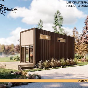 May include: A modern rectangular tiny house with dark brown vertical siding and light wood accents. The structure features a flat roof, two horizontal rectangular windows, and a glass door leading to a wooden deck with steps. Text reads LIST OF MATERIALS FREE OF CHARGE.