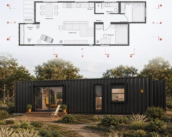 May include: A black shipping container home with a wooden deck and sliding glass doors, accompanied by a detailed architectural floor plan showing a living room, kitchen, dining area, bathroom, and two bedrooms labelled with grid reference letters.
