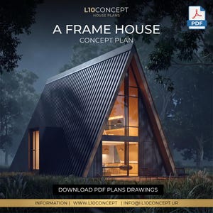 May include: A digital architectural rendering of an A-frame house with dark metal siding and large glass windows. The text reads L10CONCEPT HOUSE PLANS, A FRAME HOUSE CONCEPT PLAN, and DOWNLOAD PDF PLANS DRAWINGS. The design features a two-story interior.