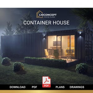May include: A dark gray container house with a large glass sliding door revealing an illuminated interior with chairs and a table. The text L10CONCEPT HOUSE PLANS and CONTAINER HOUSE appear at the top, with a PDF icon and text at the bottom.